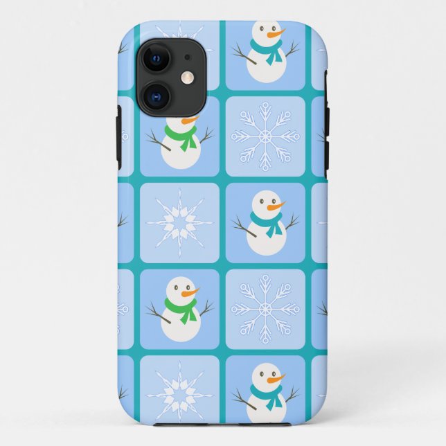 Capa Para iPhone 11 Boneco de neve e flocos de neve xadrez de inverno (Verso)
