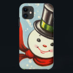Capa Para iPhone 11 Boneco de neve retro pequeno bonito<br><div class="desc">A ilustração de cor do vintage de uma cabeça redonda bonito do boneco de neve com chapéu alto preto e o lenço vermelho aparou no verde.</div>