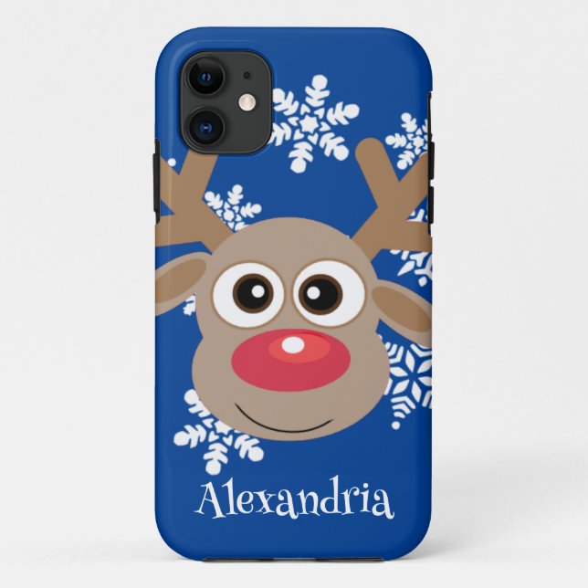 Capa Para iPhone 11 Bonita Reindeer Cartoon de Natal Azul (Verso)