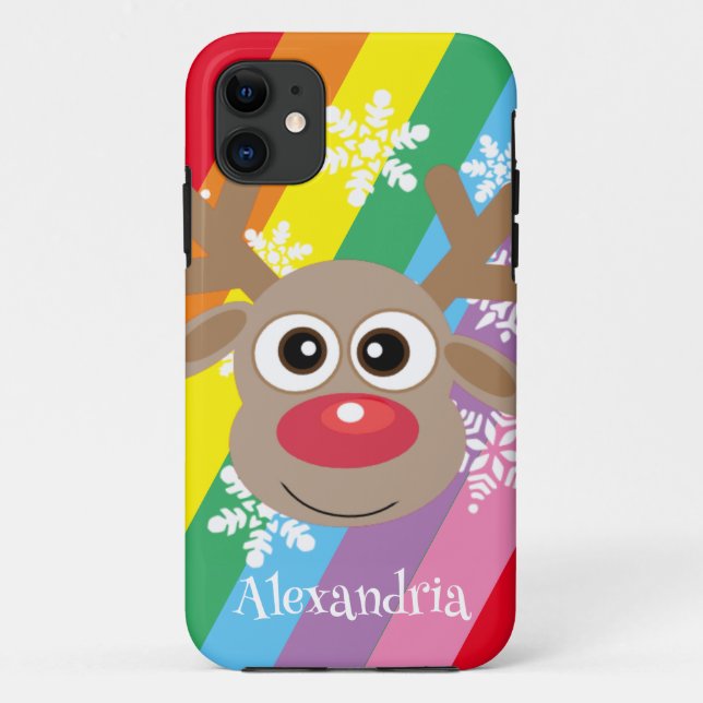 Capa Para iPhone 11 Bonita Reindeer Cartoon de Natal Divertido Arco-Ír (Verso)