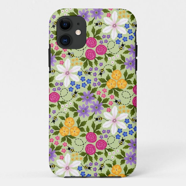 Capa Para iPhone 11 Bonito Abelhas e Buttercups Floral (Verso)
