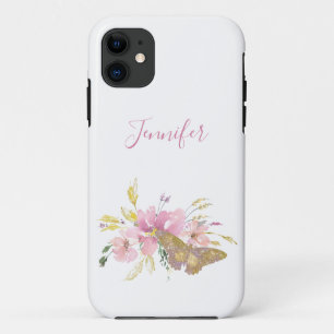 Capa Para iPhone 11 Bonito borboleta cor-de-rosa Floral Personalizada