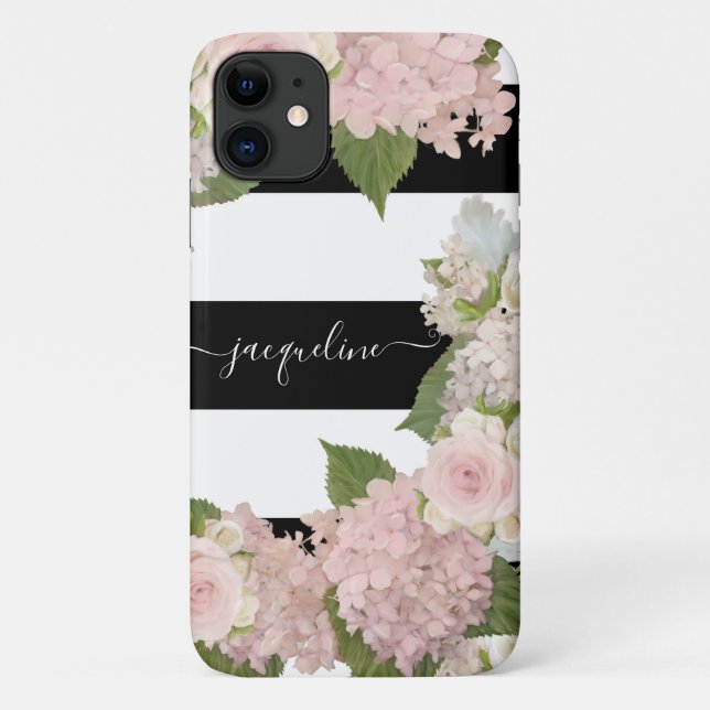 Capa Para iPhone 11 Bonito Hydrangeas Rosas Black White Strike Floral (Verso)