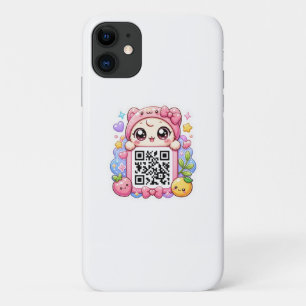 Capa Para iPhone 11 Bonito Personagem de Código QR Rosa Kawaii Floral