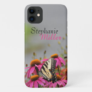 Capa Para iPhone 11 Borboleta Amarelo Swallowtail em Flores Rosa