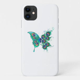 Capa Para iPhone 11 Borboleta com Penas de Pavão Verde