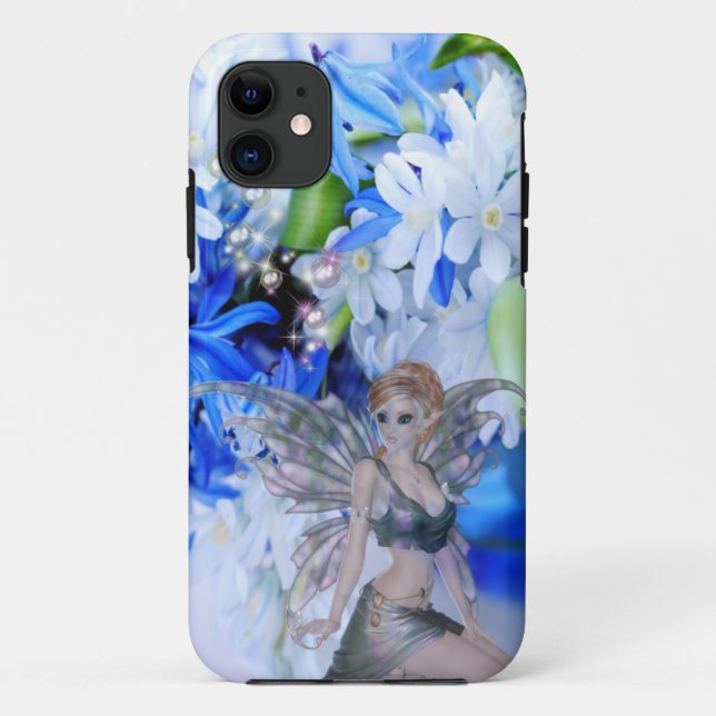 Capa Para iPhone 11 Borboleta Faerie em Flores Azuis (Verso)
