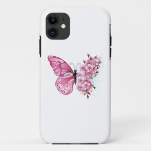 Capa Para iPhone 11 Borboleta Flor com Sakura Rosa