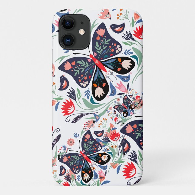 Capa Para iPhone 11 Borboleta Floral (A vibrant floral pattern featuring butterflies and flowers. )
