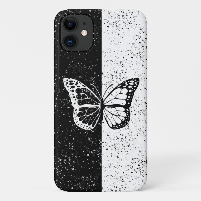 Capa Para iPhone 11 Borboleta Negra e Branca Elegante Clássica Pontilh (Verso)