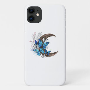 Capa Para iPhone 11 Borboletas azuis em crescente de madeira
