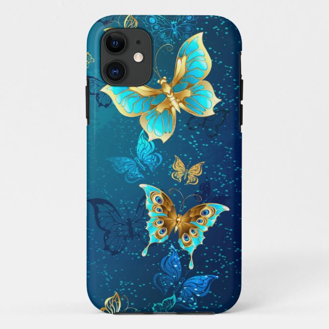 Capa Para iPhone 11 Borboletas de ouro em um fundo azul (Verso)