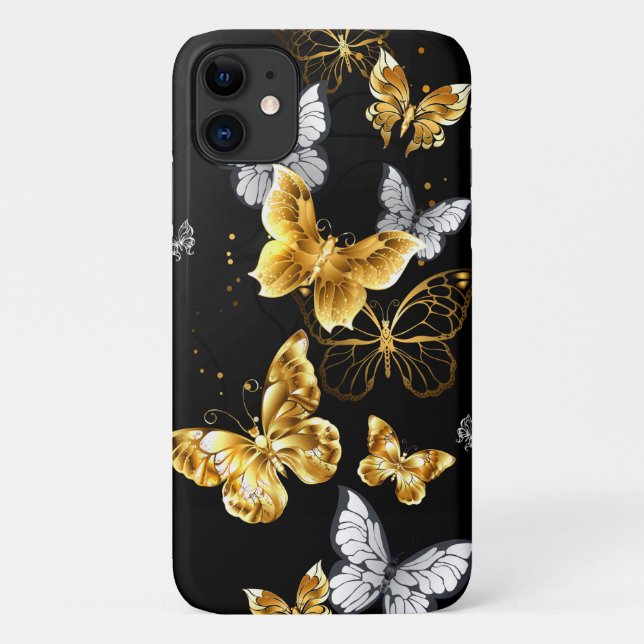 Capa Para iPhone 11 Borboletas Douradas e brancas (Verso)