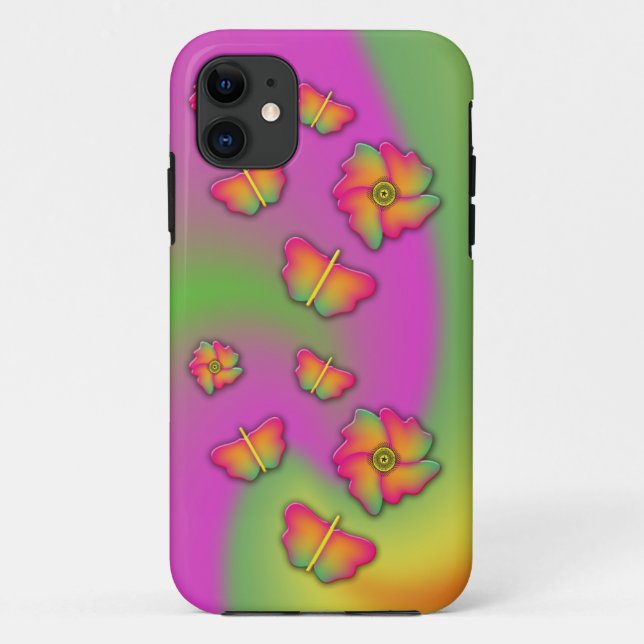 Capa Para iPhone 11 Borboletas e flores (Verso)