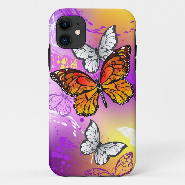 Capa Para iPhone 11 Borboletas Monarca em Fundo Roxo (Verso)