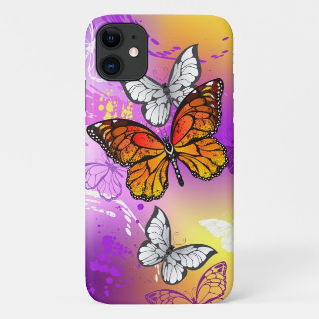 Capa Para iPhone 11 Borboletas Monarcas em Fundo Roxo (Verso)