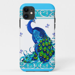 Capa Para iPhone 11 Borda de espiral azul e Design de Peacock