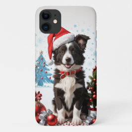 Capa Para iPhone 11 Border Collie Puppy Vestindo um chapéu de Natal Ve