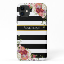 Borgonha branca preta Floral Dourado | Striped