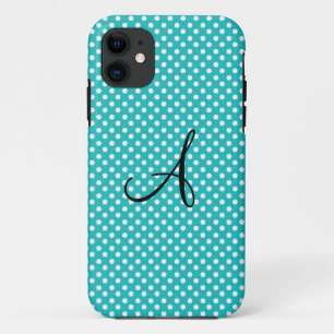 Capa Para iPhone 11 Branco do monograma e bolinhas de turquesa