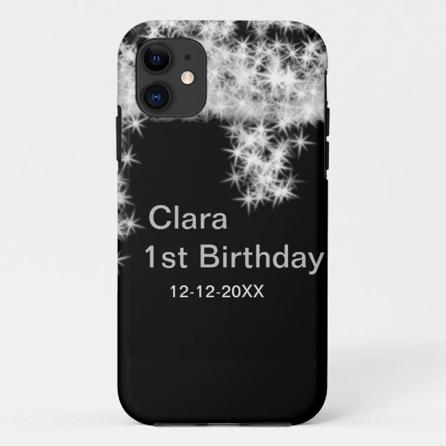 Capa Para iPhone 11 Brilho preto prateado adicionar nome data de anive (Verso)