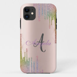 Capa Para iPhone 11 Brilhos de Arco-Íris Moderno, Dourado Rosa, Monogr