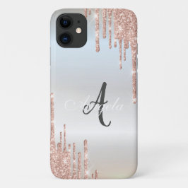 Capa Para iPhone 11 Brilhos Modernos Pingando Rosa Dourado, Monograma 