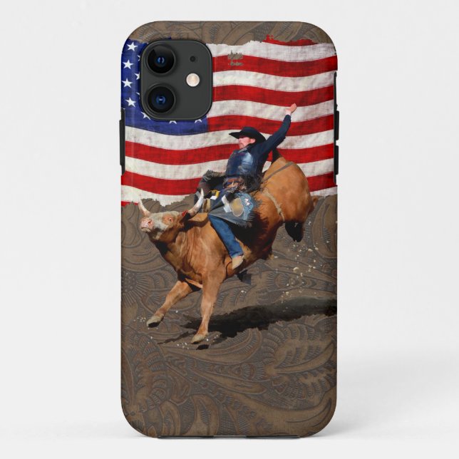 Capa Para iPhone 11 Bucking Bull Rodeo Cowboy, Bandeira dos EUA em Cou (Verso)