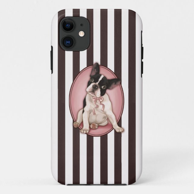 Capa Para iPhone 11 Buldogue francês chique e listras clássicas (Verso)