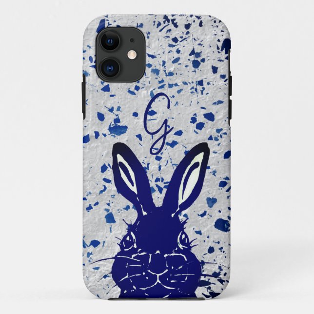 Capa Para iPhone 11 Bunny Rabbit Blue Terrazzo Monograma Moderno (Verso)