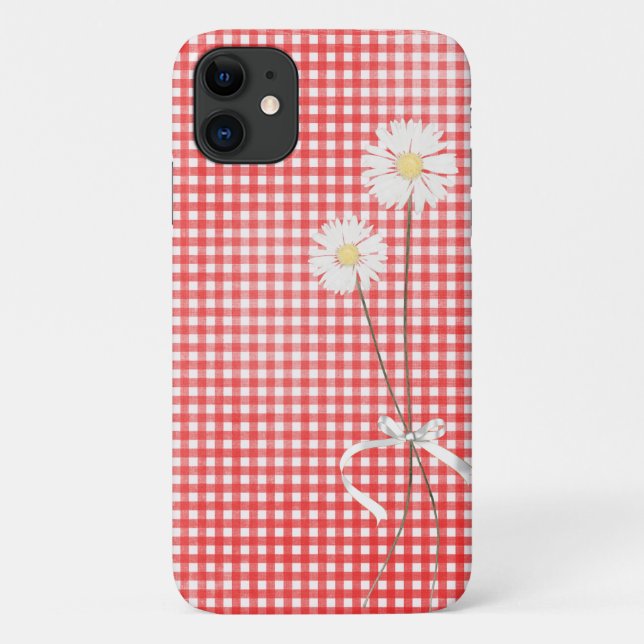 Capa Para iPhone 11 buquê de margarida em gingham vermelho (Verso)
