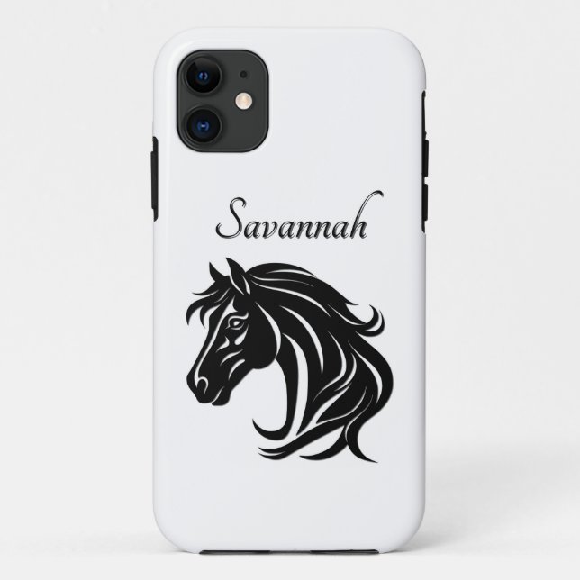 Capa Para iPhone 11 Cabeça de Cavalo Preto Magnífico com Nome (Verso)