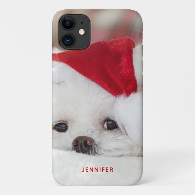 Capa Para iPhone 11 Cachorro Branco bonito num chapéu de Natal Vermelh (Verso)