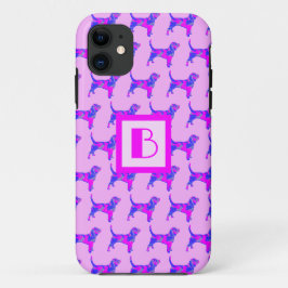 Capa Para iPhone 11 Cachorro Cachorro Rosa e Silhueta Azul Monograma