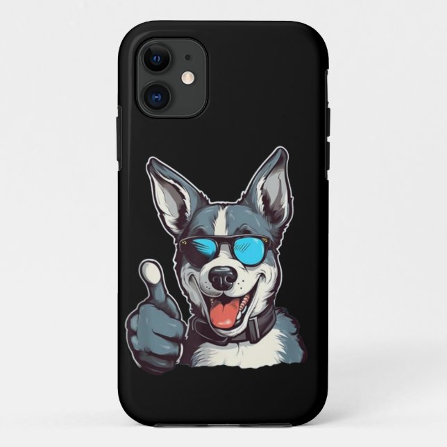 Capa Para iPhone 11 Cachorro engraçado de óculos de sol fazendo sinal  (Verso)