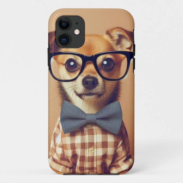 Capa Para iPhone 11 Cachorro Engraçado Vestindo Óculos e Bowtie (Verso)