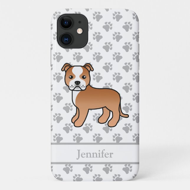 Capa Para iPhone 11 Cachorro Inglês Staffie Vermelho E Branco & Nome (Verso)