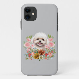 Capa Para iPhone 11 Cachorro Maltês com Flores, Cachorro Maltês