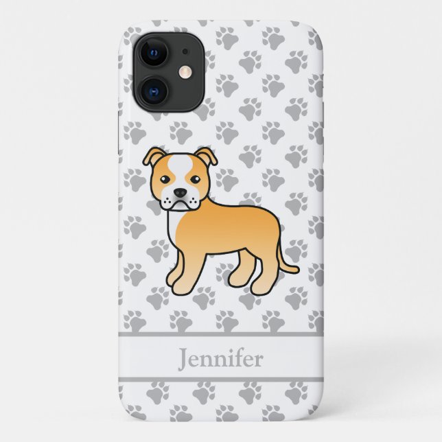 Capa Para iPhone 11 Cachorro Staffie Inglês Cor de Cervo e Branco & No (Verso)