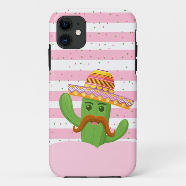 Capa Para iPhone 11 cacto desenhado à mão com fundo de faixas (Verso)