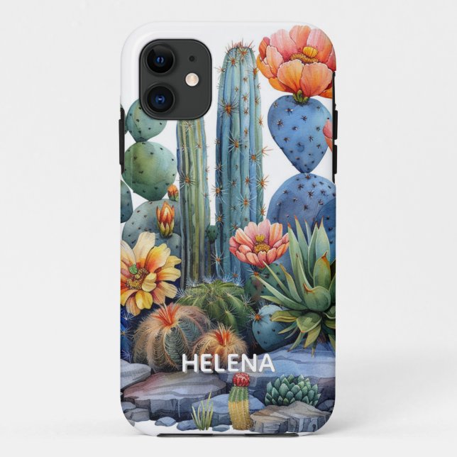 Capa Para iPhone 11 Cactos e suculentas em flor (Verso)
