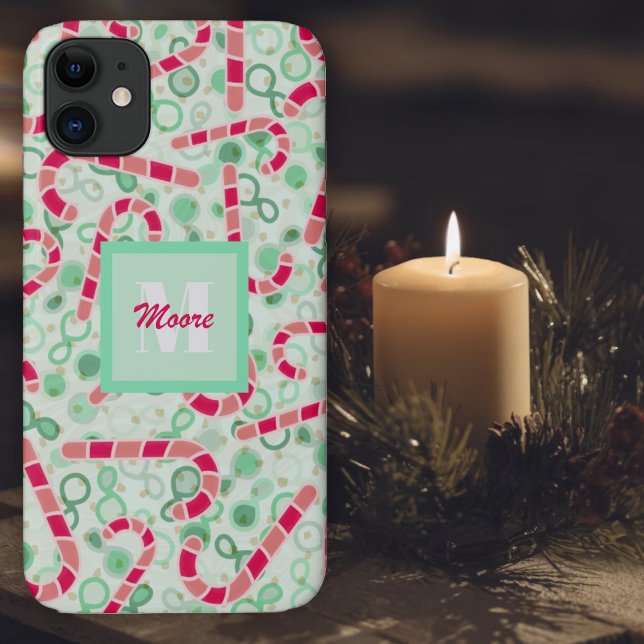 Capa Para iPhone 11 Candy Canes sobre Paisley Híbrido de Ombre Verde (Candy Cane on a floating green and caramel motion background Phone Case)
