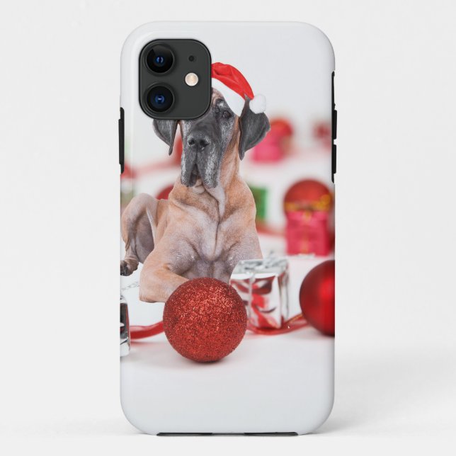 Capa Para iPhone 11 Cão Dogue Alemão com Enfeites de Natal Presentes (Verso)