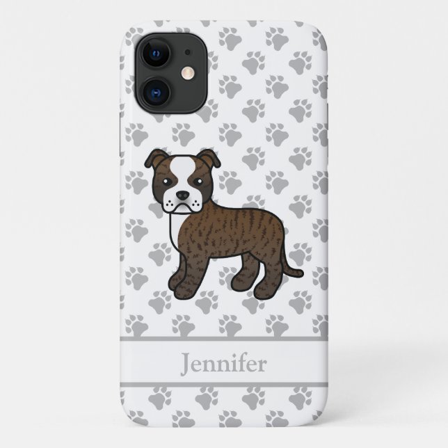 Capa Para iPhone 11 Cão Inglês Staffie Brindle e Branco & Nome (Verso)