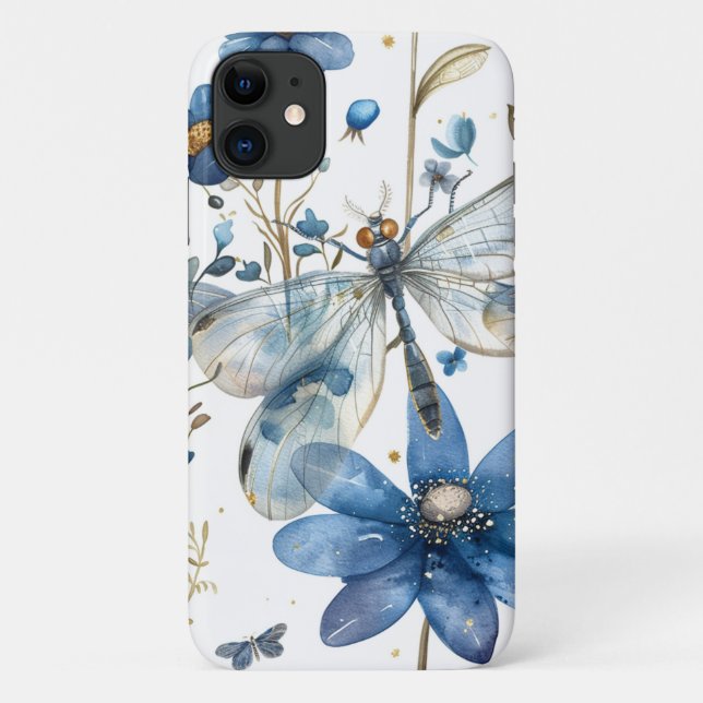 Capa Para iPhone 11 Capa de Celular iPhone Libélula Azul e Flores (Verso)