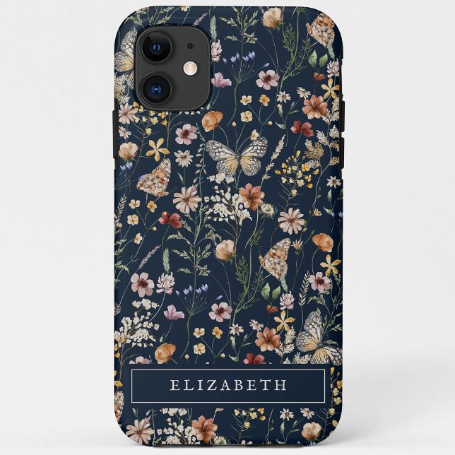 Capa Para iPhone 11 Capa de iPhone floral azul marinho Monogram (Boho Monogram Navy Blue Floral iPhone Case by Painted Paperie
)