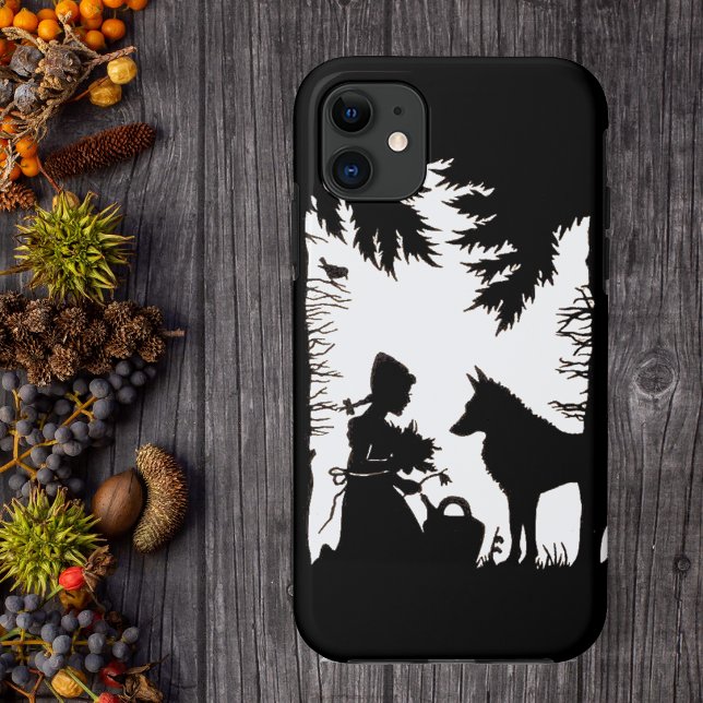 Capa Para iPhone 11 Capuz Vermelho Silhueta Preta Lobo Bosque (Black and white image red riding hood kneeling under trees with flowers and wolf on phone case.)