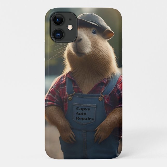 Capa Para iPhone 11 "Capybara Mechanic: Grease, Gears e Good Vibes" (Verso)
