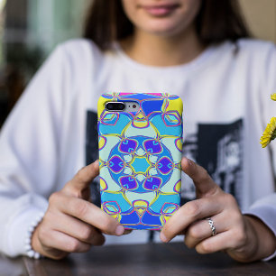 Capa Para iPhone 11 Cartografia Mandala Flor Azul Amarelo e Rosa