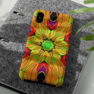Capa Para iPhone 11 Cartografia Mandala Flor Laranja Verde e Vermelho